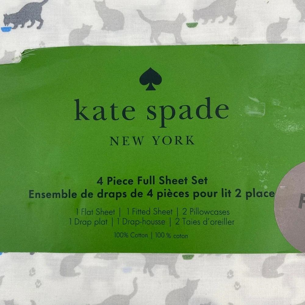 Kate Spade Sheet Set Full Grey White Cat Print 100% Cotton Animal Feline Pet